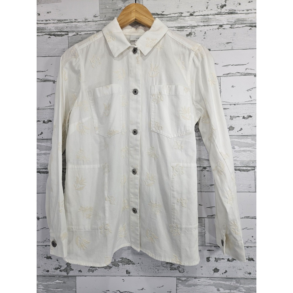 J Jill White Embroidered Denim Shirt Jacket Womens XS Floral Button Down